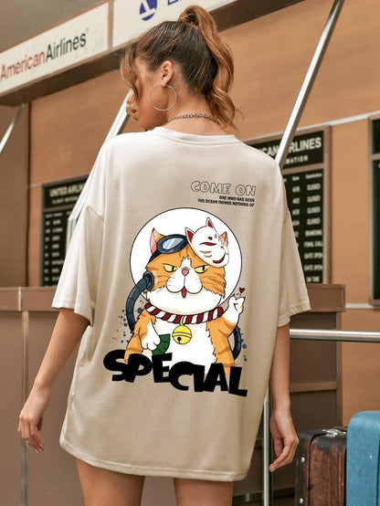 CHKOKKO Women's Polyester Oversized Fit Oversized Round Neck Drop Shoulder Printed T-Shirt