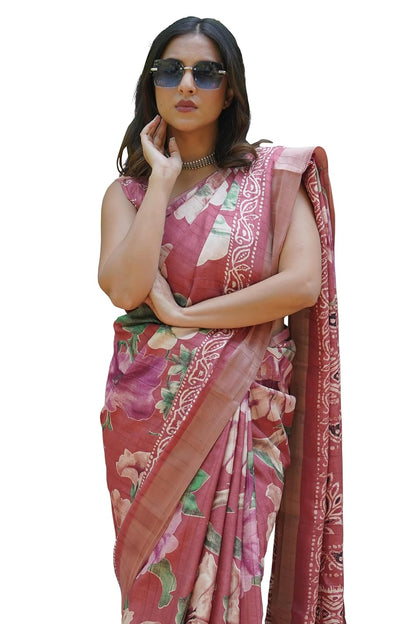 Women's Silk Blend Floral Printed Saree with Blouse Piece