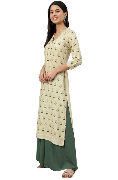 Women's Orange Rayon Gold Floral Print Straight Kurta