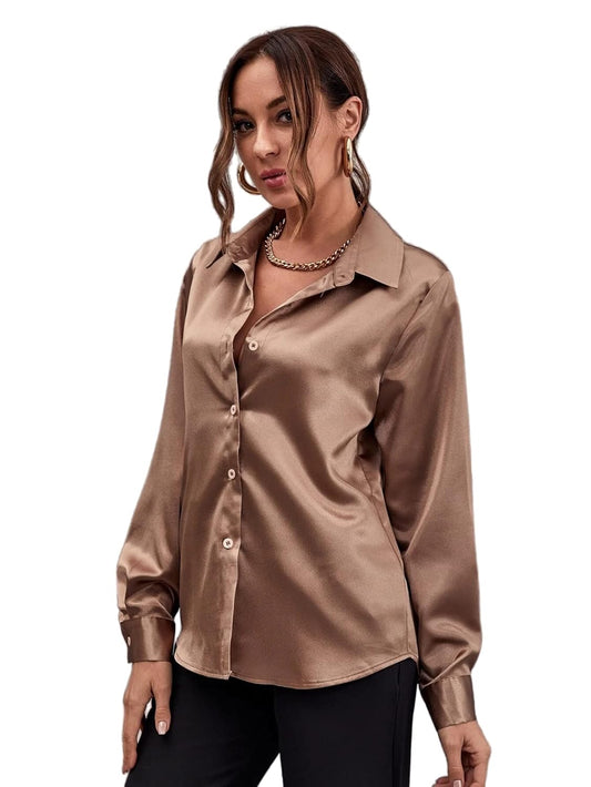 Bowrain Satin Silk Fabric Spread Collar Full Sleeve Top