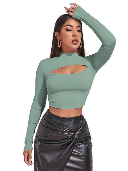Sugathari Women's & Girl's Solid Knitted Full Sleeve High Neck Ruched Bust Crop Tee Tops (Top 109)