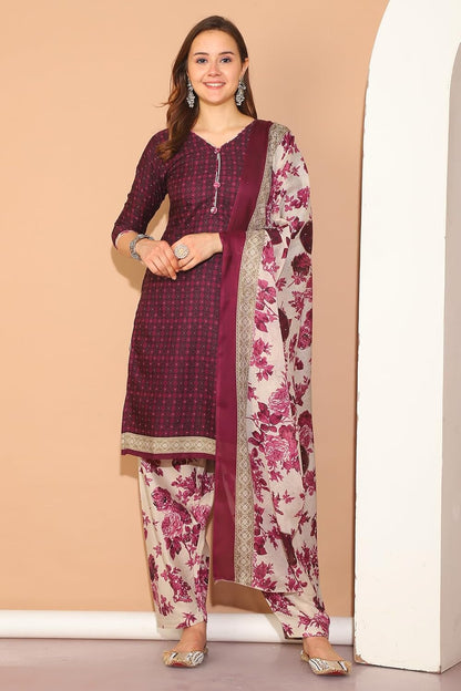 Merira Wine Cotton Blend Printed Ready to Wear