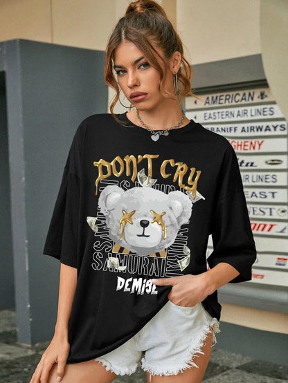 CHKOKKO Women's Polyester Oversized Fit Oversized Round Neck Drop Shoulder Printed T-Shirt