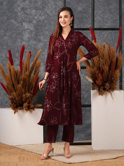 Women's Rayon Viscose Printed A-Line Kurta with Pant