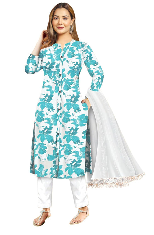 Women's Cotton Floral Print Kurti Pant Set with Dupatta