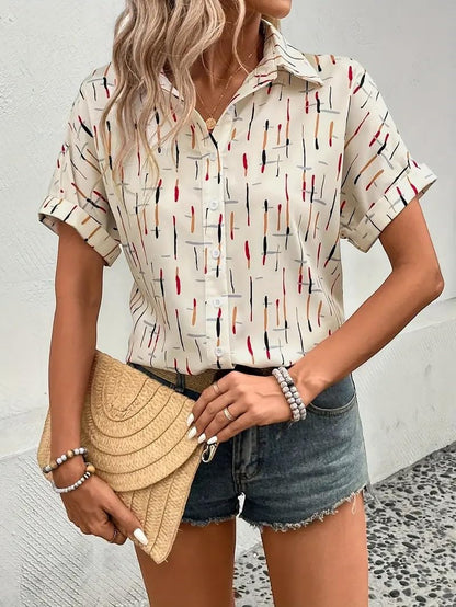 Gufrina Women’s Short Sleeve Button Down Shirt with Abstract Brushstroke Print in Beige and Multicolor - Lightweight Casual Summer Top for Relaxed Fit