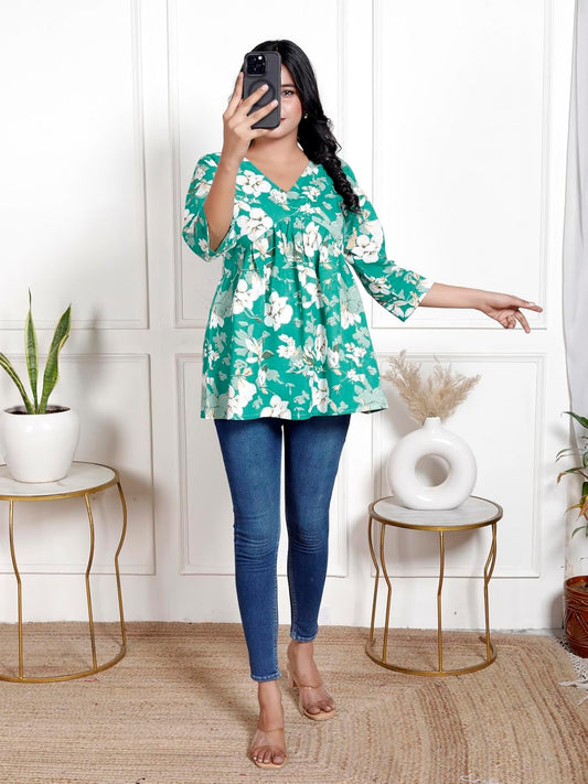 Lamenda Fashions Women's Floral Print Peplum Top, V-Neck, 3/4 Sleeves Top