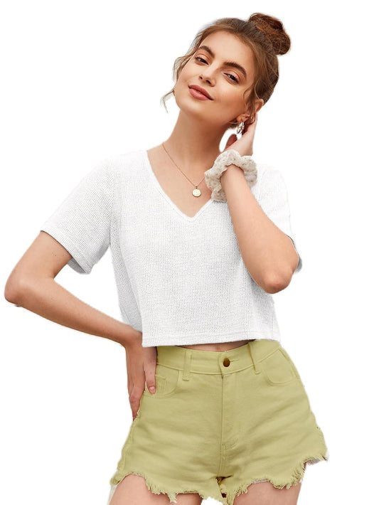 Zilcon Womens Fashion Crop Tops Summer Winter Baisc Tees V Neck Tshirts Casual Short Sleeve Cropped Top Crop Tops for Women | Women Fashion