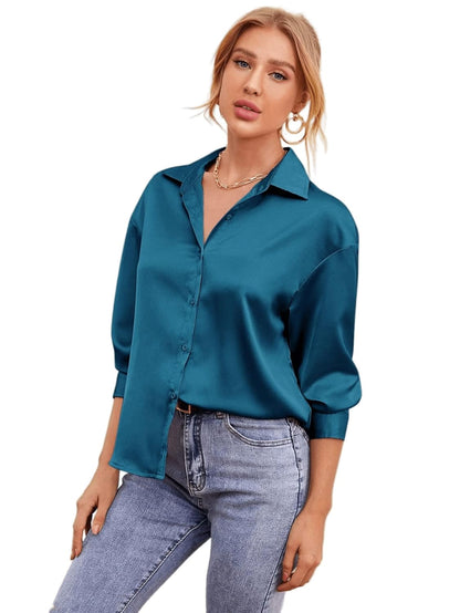 Bowrain Satin Silk Fabric Spread Collar Full Sleeve Top