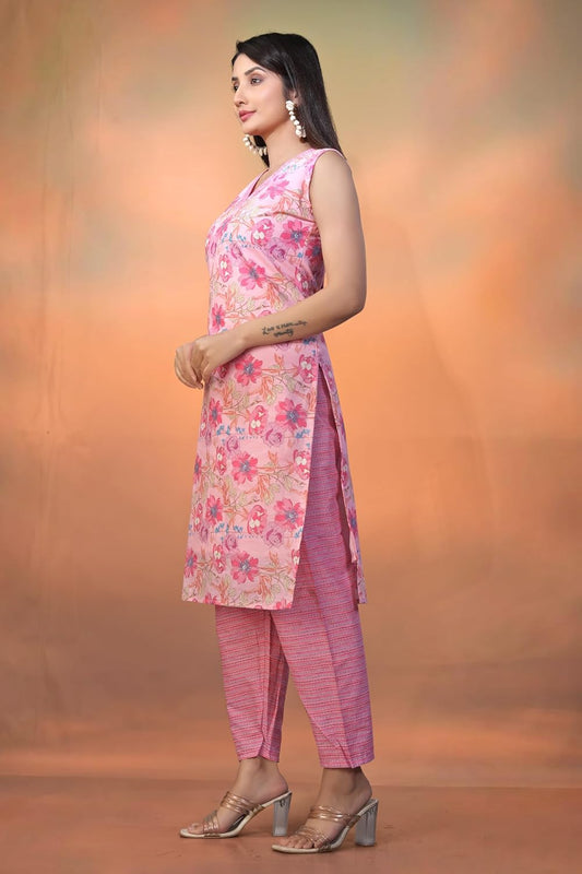 Varni Fabrics Floral Print Cotton Kurti, Sleeveless V-Neck