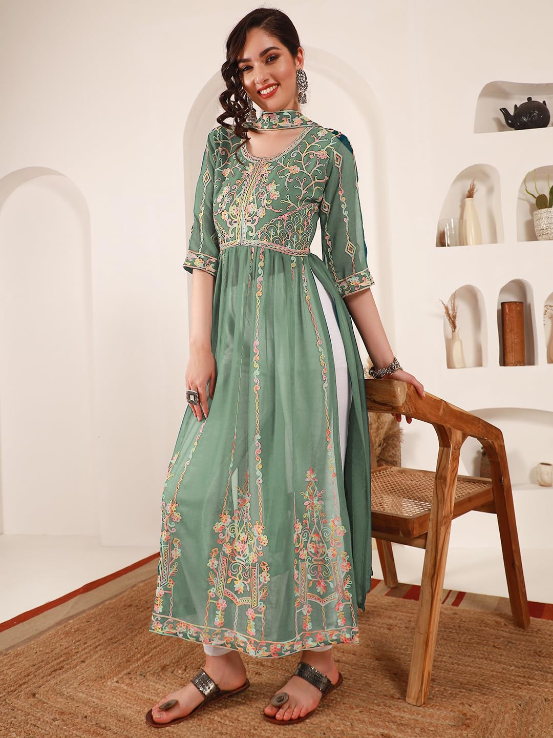 EthnicJunction Women's Georgette Embroidered