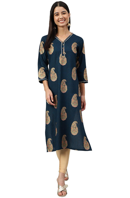 Women's Orange Rayon Gold Floral Print Straight Kurta