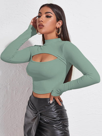Sugathari Women's & Girl's Solid Knitted Full Sleeve High Neck Ruched Bust Crop Tee Tops (Top 109)