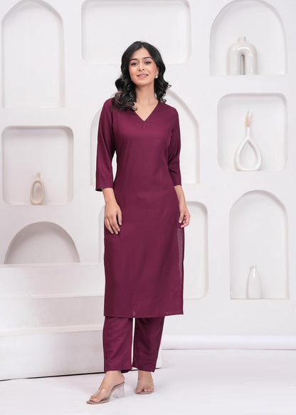 Women's Rayon Solid Plain v Neck Kurta Trouser/Pant Set