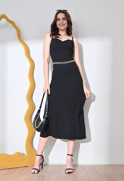 SAKSHI TRADER Women's Elegant Black Bodycon Midi Dress