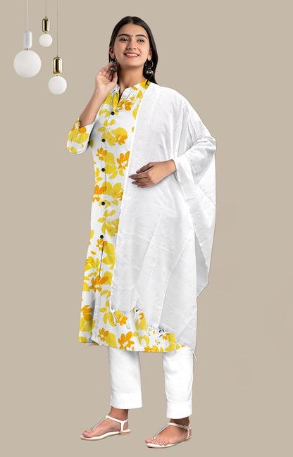 Women's Cotton Floral Print Kurti Pant Set with Dupatta