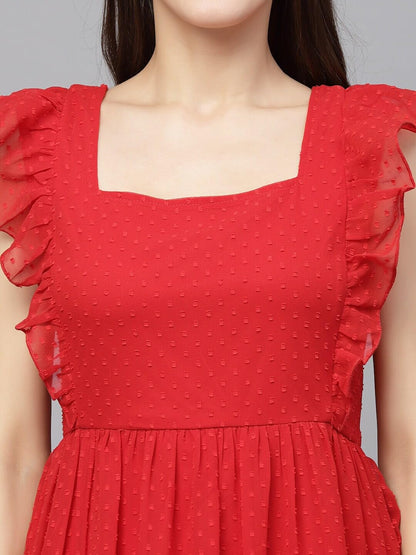Jacquard Butti Square Neck Knee Length Western Dresses for Women