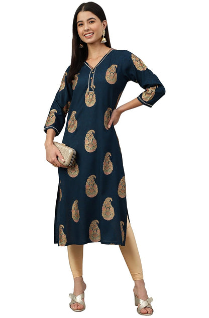 Women's Orange Rayon Gold Floral Print Straight Kurta