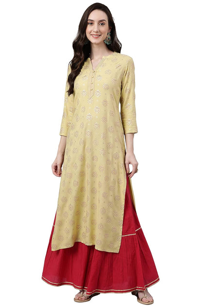 Women's Orange Rayon Gold Floral Print Straight Kurta