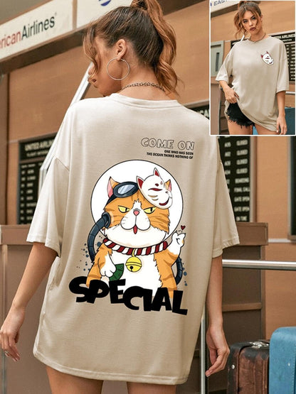 CHKOKKO Women's Polyester Oversized Fit Oversized Round Neck Drop Shoulder Printed T-Shirt