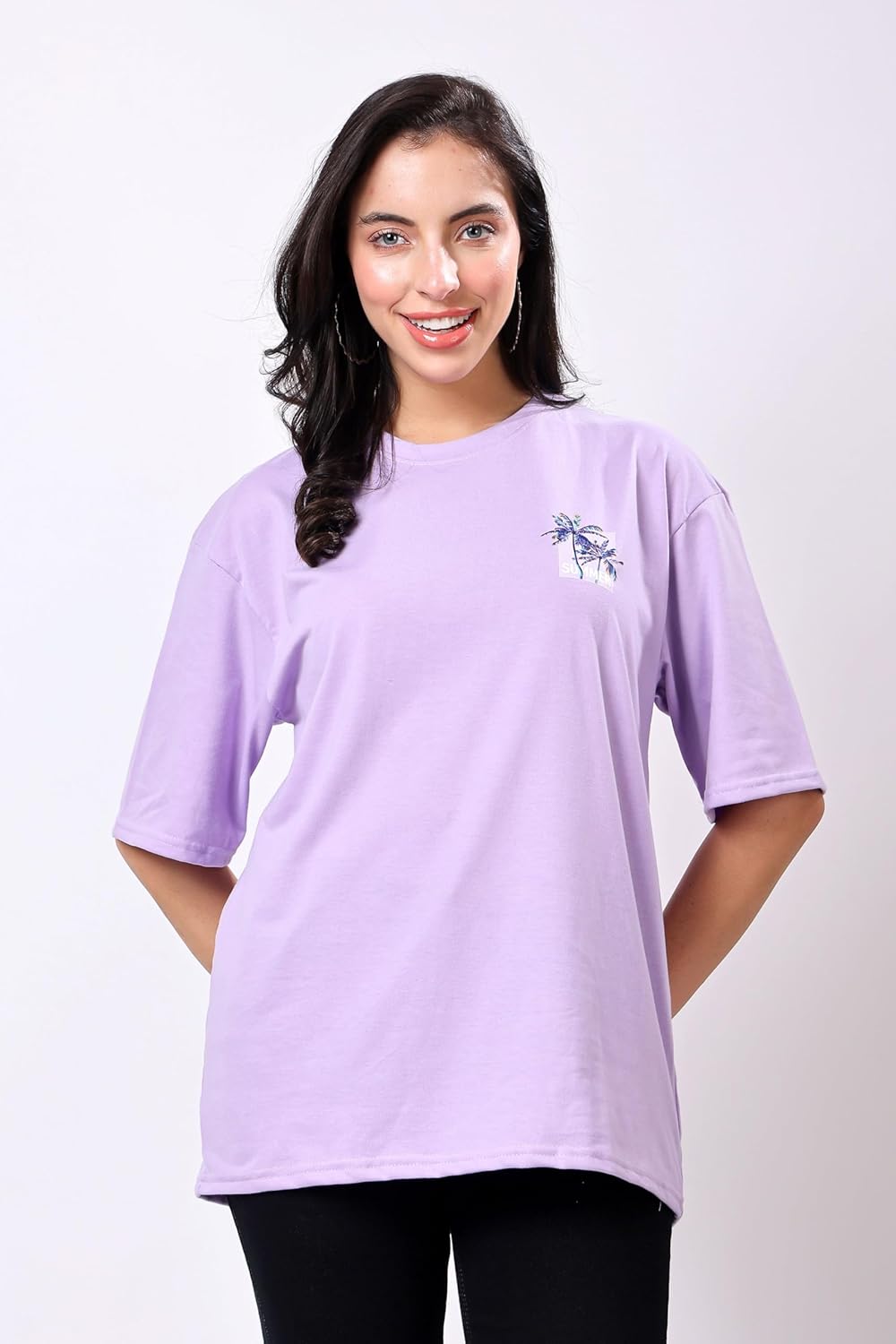 TQH Women's Casual Printed Round Neck, Oversized Longline Drop Shoulder Boho Style T-Shirt