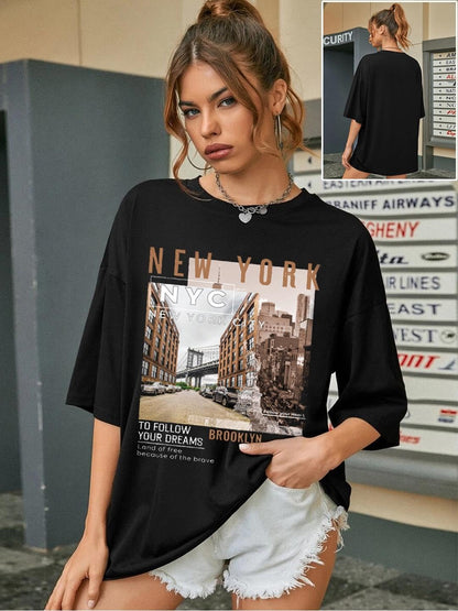 CHKOKKO Women's Polyester Oversized Fit Oversized Round Neck Drop Shoulder Printed T-Shirt