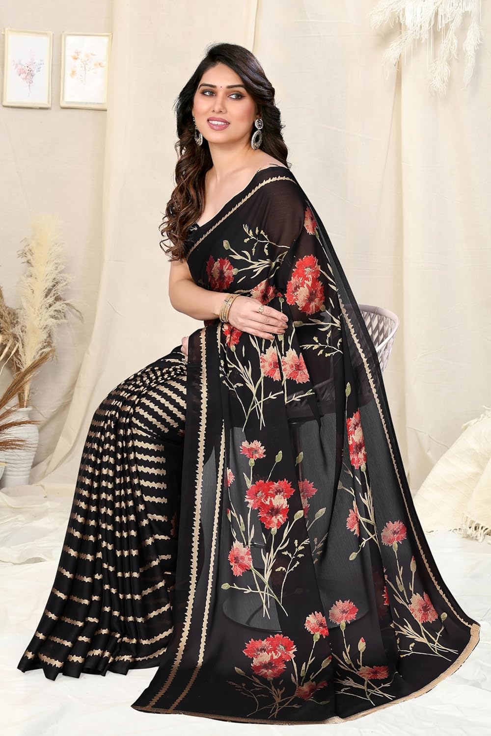 FASHION Women's  Floral Printed Saree with Blouse Piece