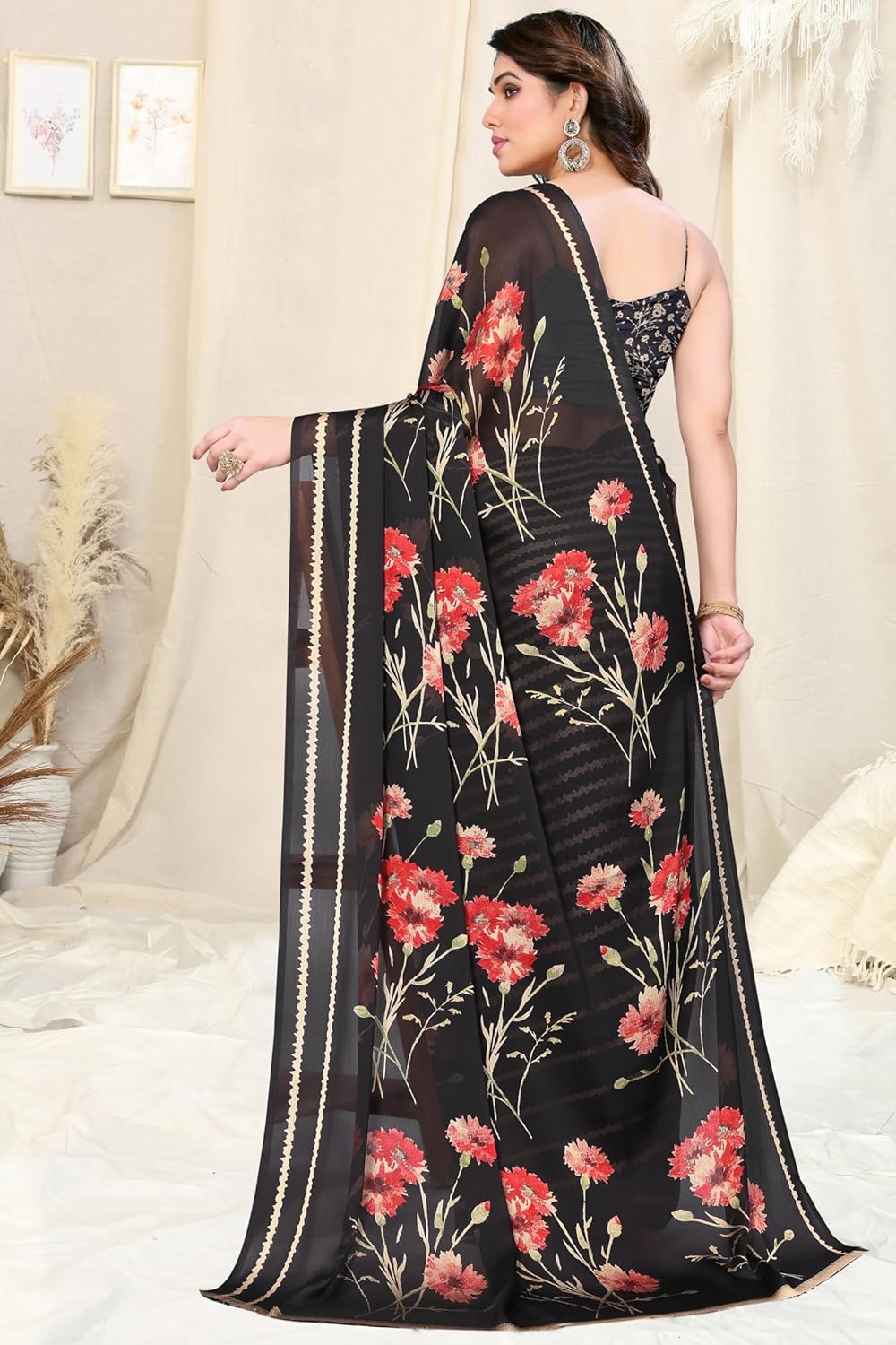FASHION Women's  Floral Printed Saree with Blouse Piece