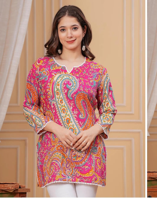 Sanjh Women's Rayon Printed Straight Short Kurta