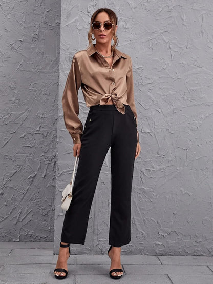 Bowrain Satin Silk Fabric Spread Collar Full Sleeve Top