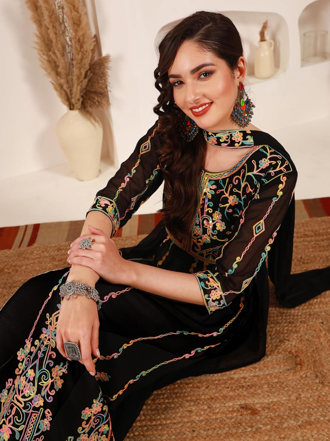 EthnicJunction Women's Georgette Embroidered