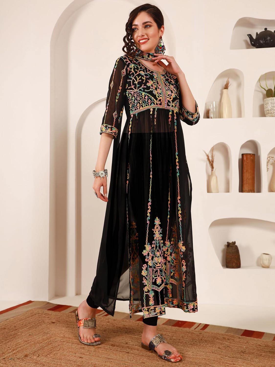 EthnicJunction Women's Georgette Embroidered