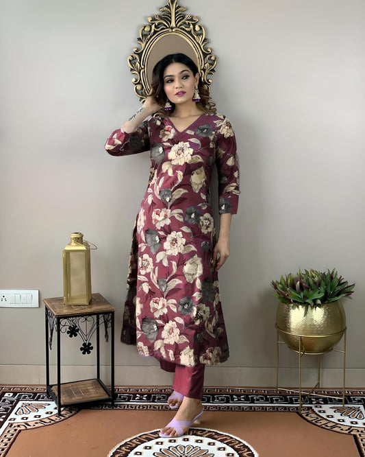 Women's Rayon Blend Straight Printed Kurta with Pant