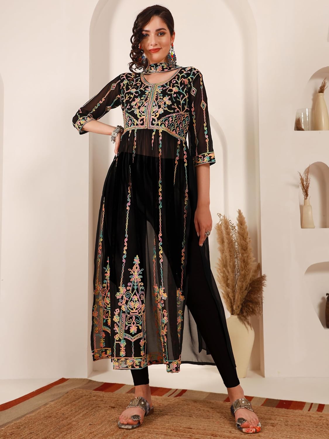 EthnicJunction Women's Georgette Embroidered
