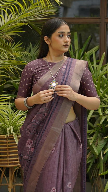 Women's Silk Blend Floral Printed Saree with Blouse Piece