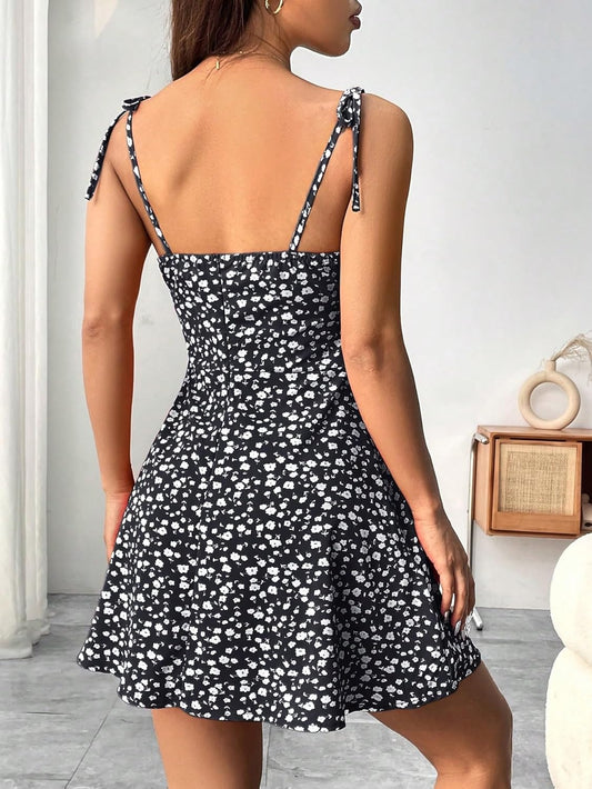 Aahwan Summer Vacation Style Floral Print Spaghetti Strap with Shoulder Ties Mini DressFor Women's & Girl's