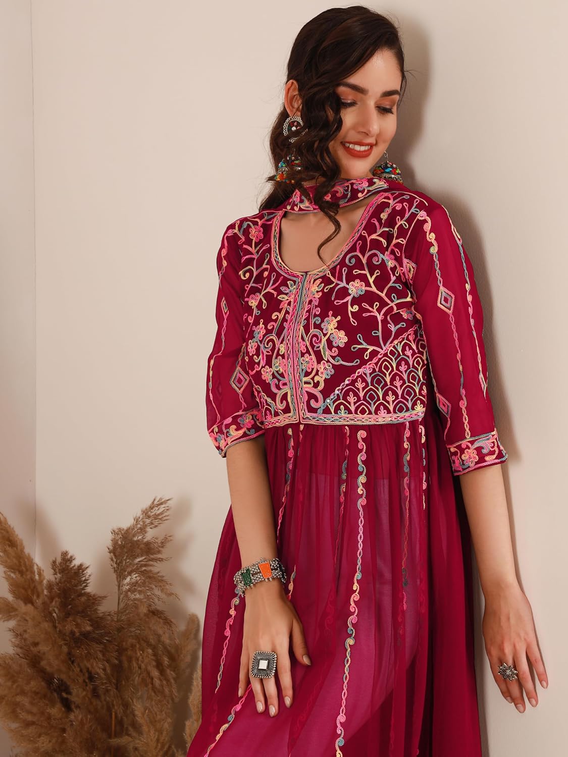 EthnicJunction Women's Georgette Embroidered