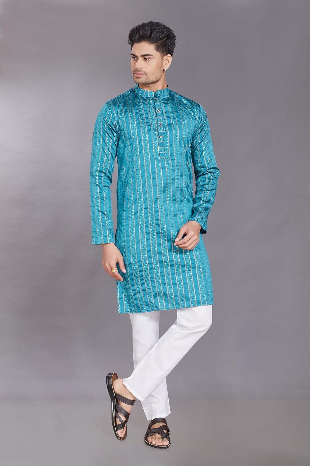 Men's Self Woven Jequard Art Silk Slim Fit Only Kurta