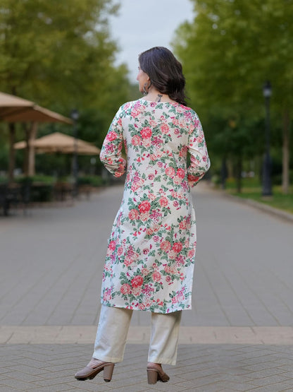 Royal Export Women's Floral Printed Beige Cotton Blend