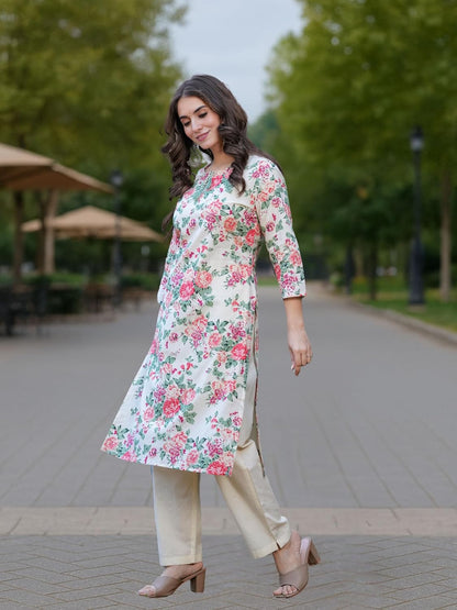 Royal Export Women's Floral Printed Beige Cotton Blend