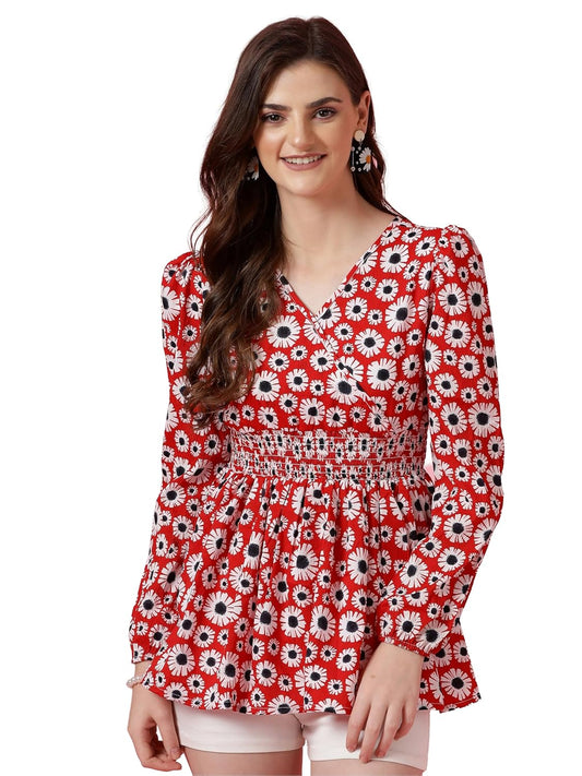 Sheetal Associates Women's Crepe Puff Sleeves Peplum Top with Floral Printed Regular Fit Full Sleeve and V-Neck Maxi Length