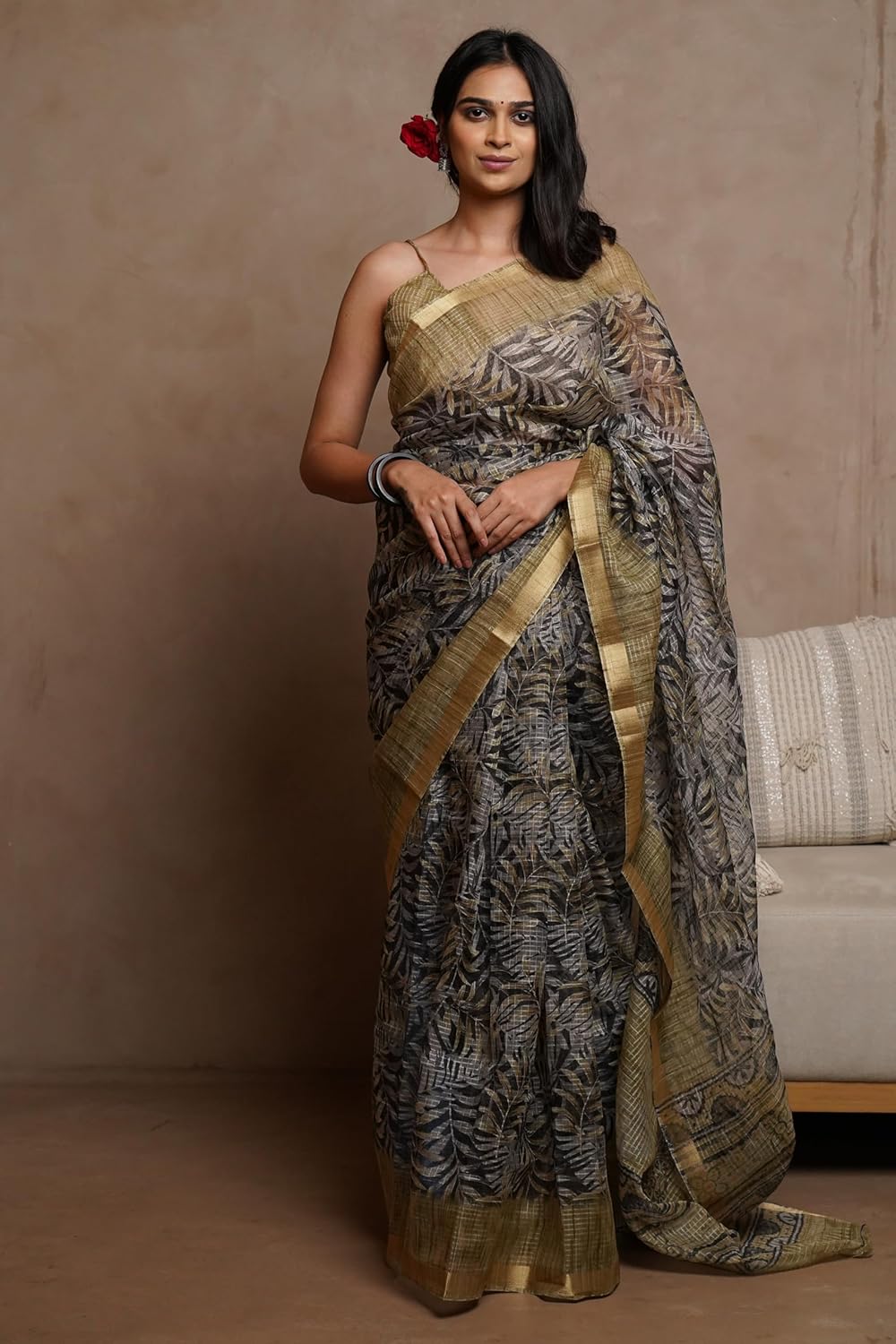 KotaDoriaPolyester Mix Leaf Floral Printed Saree