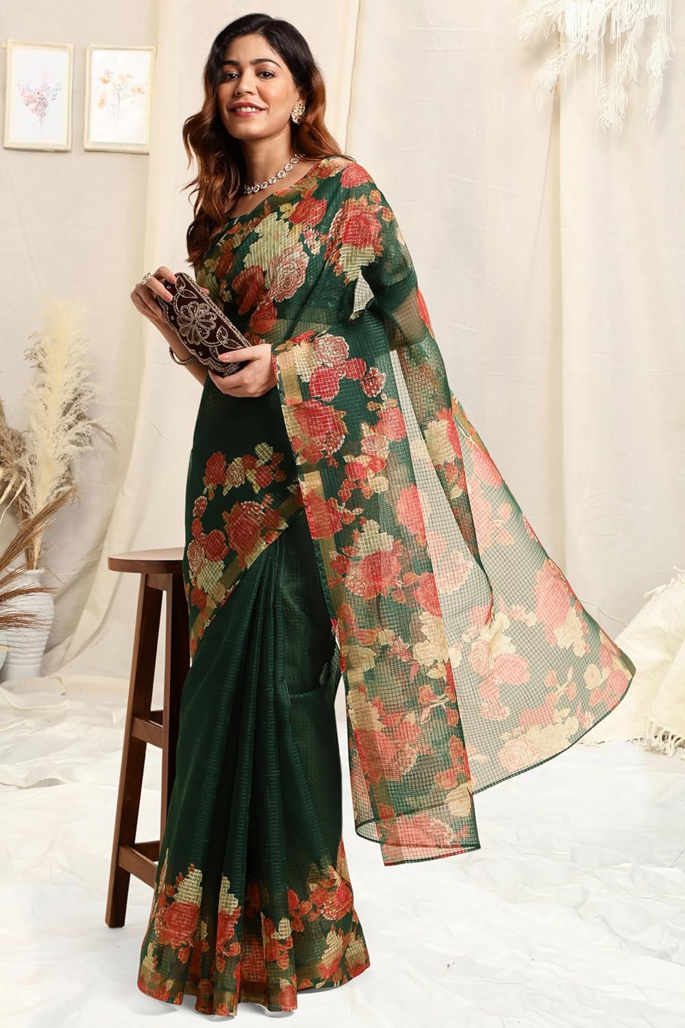 Women's Kota Floral Printed Saree with Blouse Piece