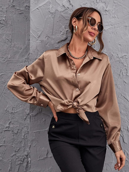 Bowrain Satin Silk Fabric Spread Collar Full Sleeve Top