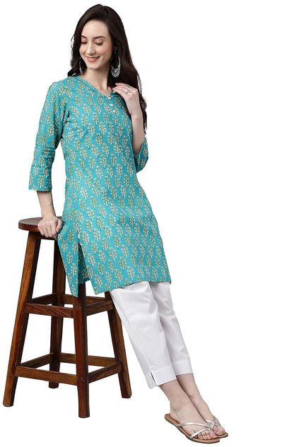 Women's Orange Rayon Gold Floral Print Straight Kurta