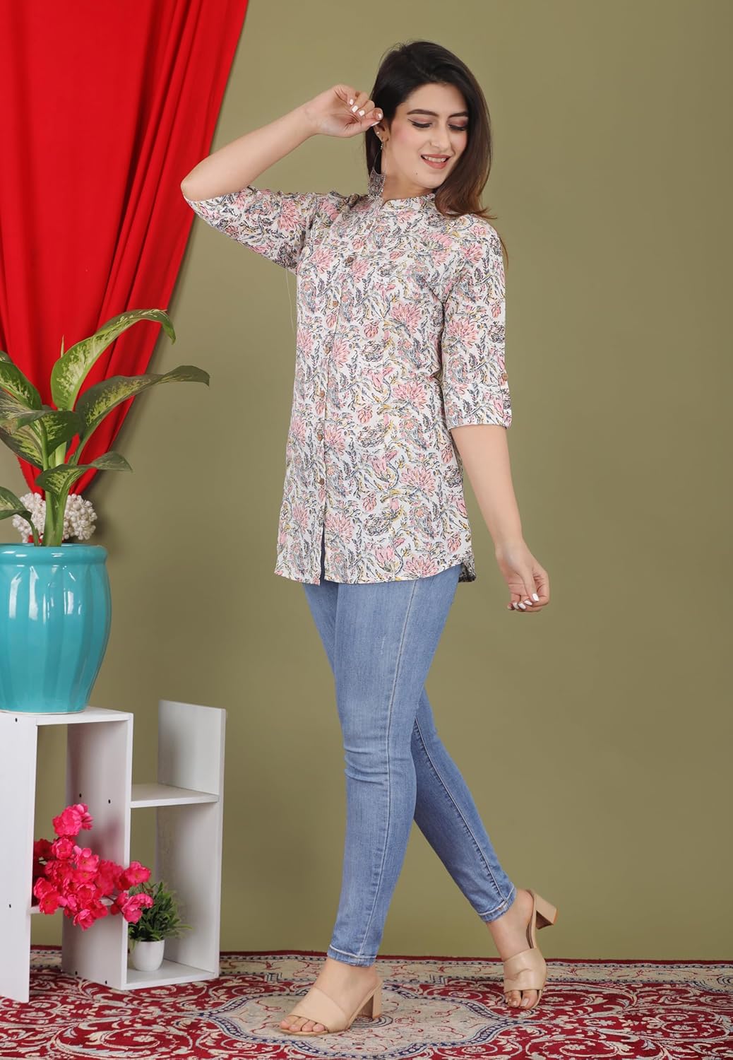 Gudwear Stylish Printed Button Down Style Shirt Top for Women