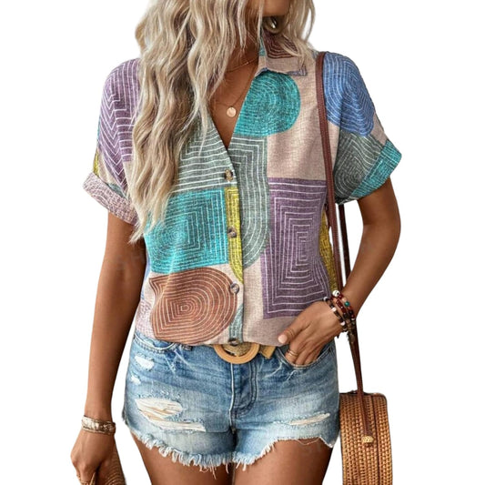 Gufrina Women's Colorful Abstract Geometric Print Shirt