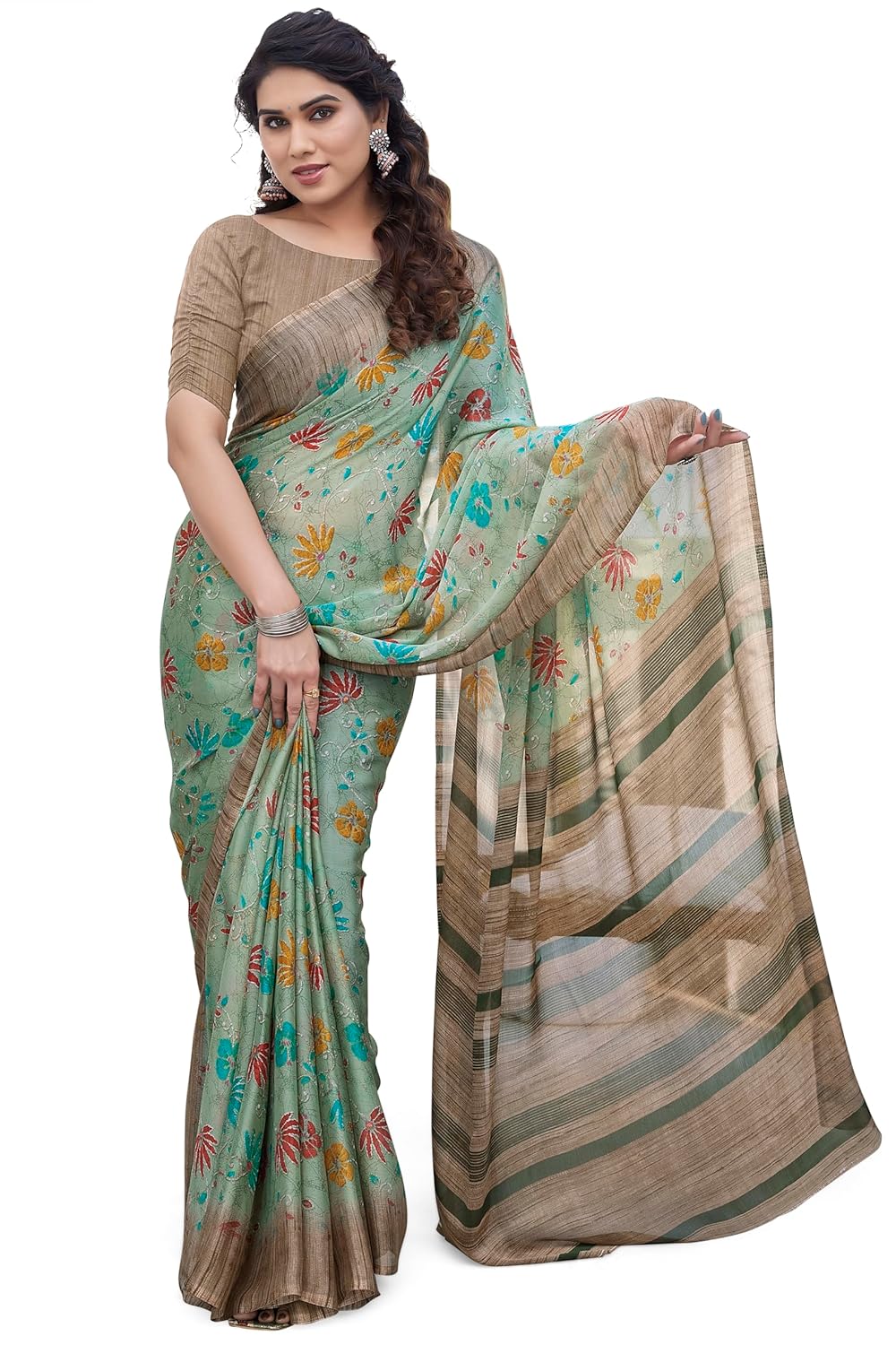 FASHION  Floral Printed Saree with Blouse Piece