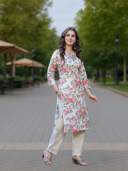 Royal Export Women's Floral Printed Beige Cotton Blend