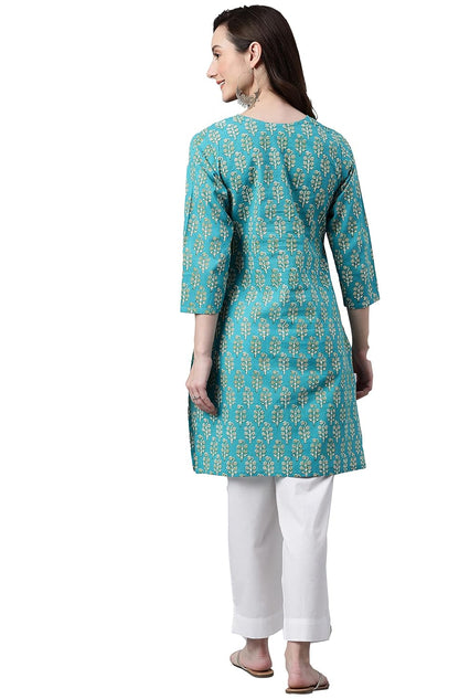 Women's Orange Rayon Gold Floral Print Straight Kurta